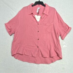 GRACE + KARMA Blouse Women's L Pink Button Down Short Sleeve Collar Casual NWT